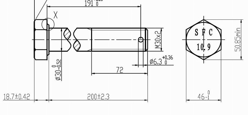 D Hexagon head screw with hole bolt; M30*2*200; Level 10.9