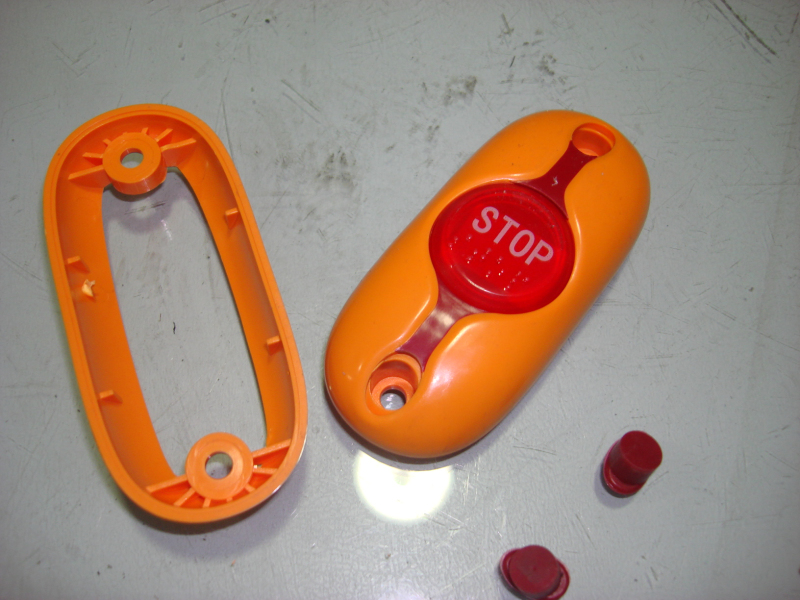Get off bell button Yellow curved housing Red button Wireless